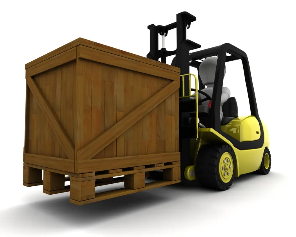 Forklift moving a wrapped wooden pallet load